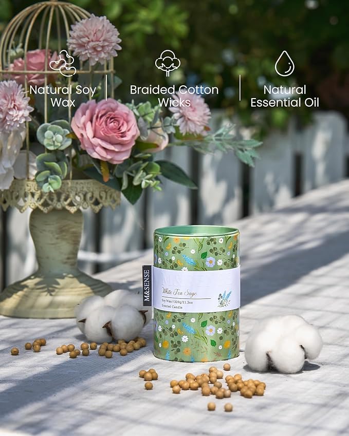 M&SENSE White Tea Sage Scented Candle, Medium Jar Candle 11.3oz Natural Soy Wax - Image 3