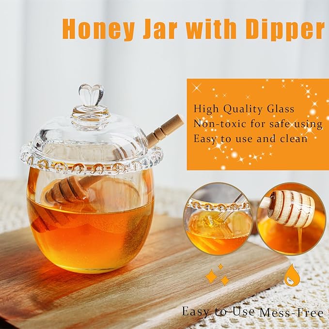 Kanpura Glass Honey Jar with Dipper and Lid, 6oz Crystal Honey Dispenser - Image 2