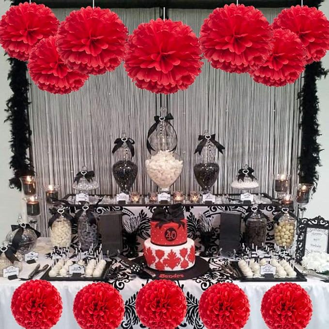 MOWO Red Paper Flower Tissue Pom Poms Party Supplies - Image 2