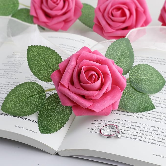 AmyHomie 25pcs Real Looking Artificial Hot Pink Roses w/Stem - Image 6