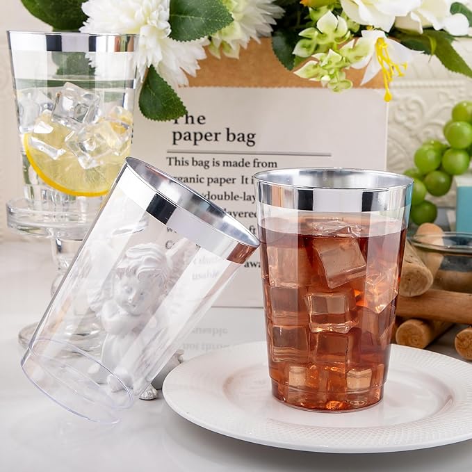 I00000 50 Pack 12 oz Silver Rimmed Disposable Cups, Heavy Duty Plastic Tumblers - Image 4
