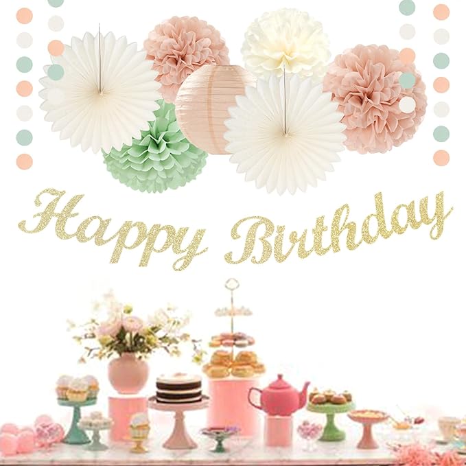Sage-Green Pink First Happy Birthday Party-Decorations - Image 4