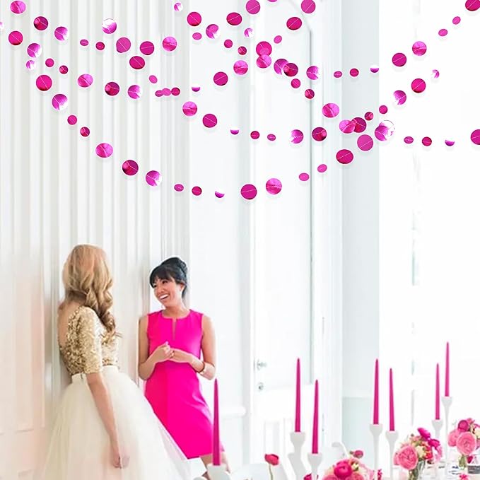 Hot Pink Party Decorations Circle Dots Garland Metallic Rose Pink Hanging Paper - Image 5