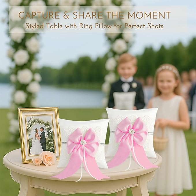 Wedding Ring Bearer Pillow: 8.2 x 8.2 Inch Ivory Satin Lace Cushion - Image 4