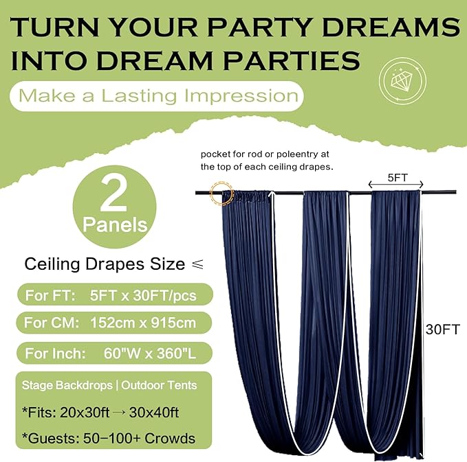 PartyVillage 2 Panels 5ftx30ft Navy Blue Ceiling Drapes - Image 6