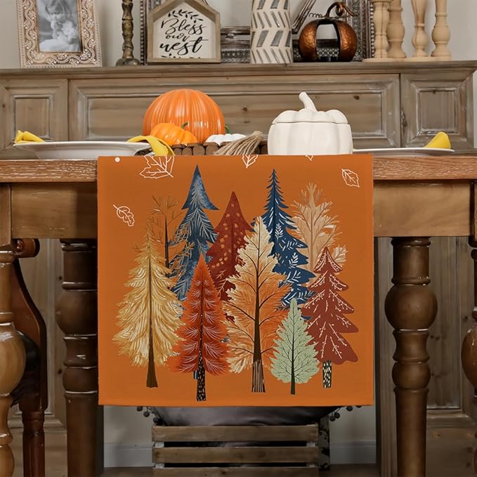 GEEORY Fall Watercolor Trees & Maple Leaves Table Runner 13x48 Inch, Rustic - Image 3