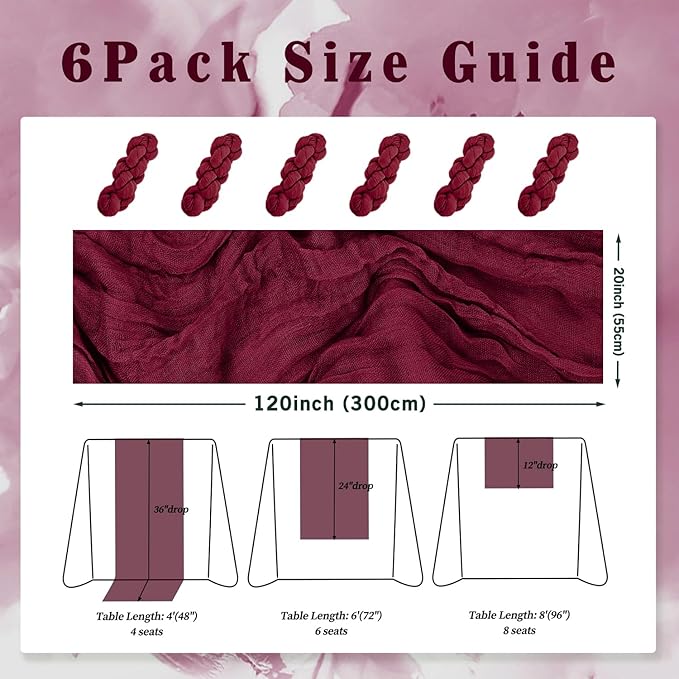 Burgundy 6 Pack Cheesecloth Table Runner 10FT Rustic Gauze Cheese Cloth Table - Image 2