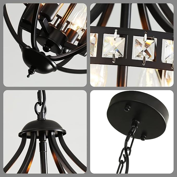 Farmhouse Crystal Ceiling Hanging Chandelier, 16inch Black Rustic Vintage - Image 5