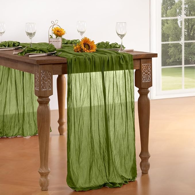 Olive Green Cheesecloth Table Runner Fall Table Runner Boho Gauze 120 Inches - Image 4