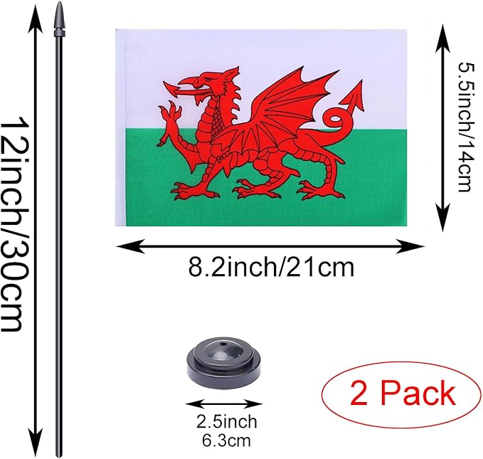 WXTWK 2 Pack Welsh Flag Welsh Deluxe Desk Flag Set - Image 2
