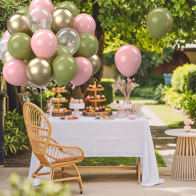 Retro Sage Green and Pink Balloons, 12 inch Metallic Gold Olive Green Pink - Image 6