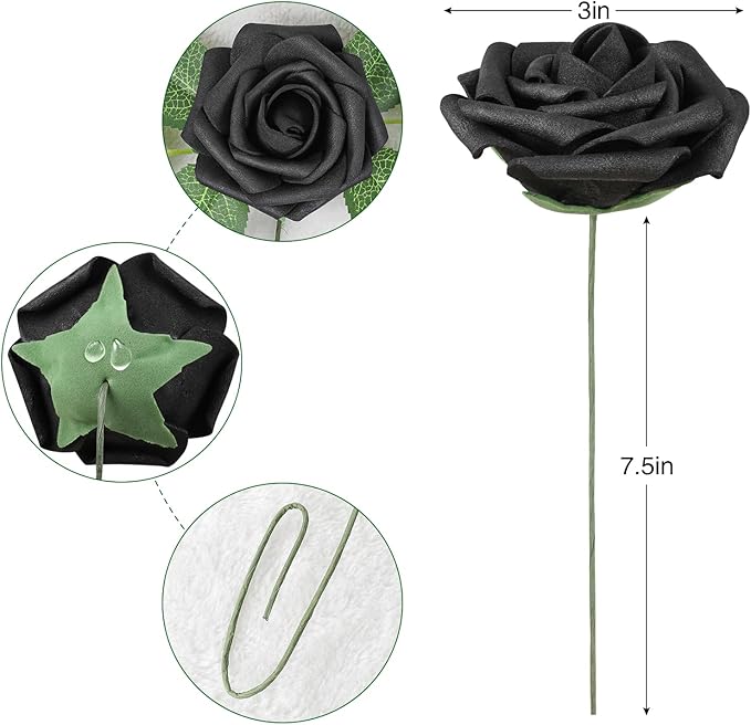 AmyHomie Artificial Flowers Black Rose 25pcs Real Looking Fake Roses w/Stem - Image 2