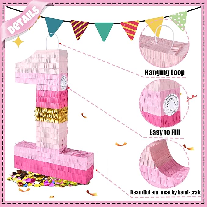 PCFING 20 Inch Number 1 Piñata Pink Gold - Image 3
