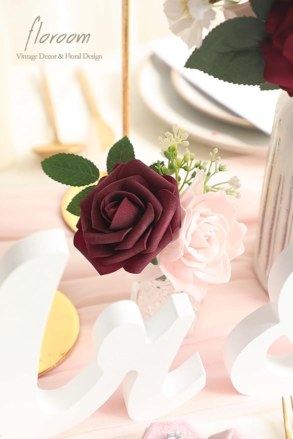 Floroom Blush Burgundy Artificial Flowers Dark Red Fake Roses Peonies Dahlia - Image 3