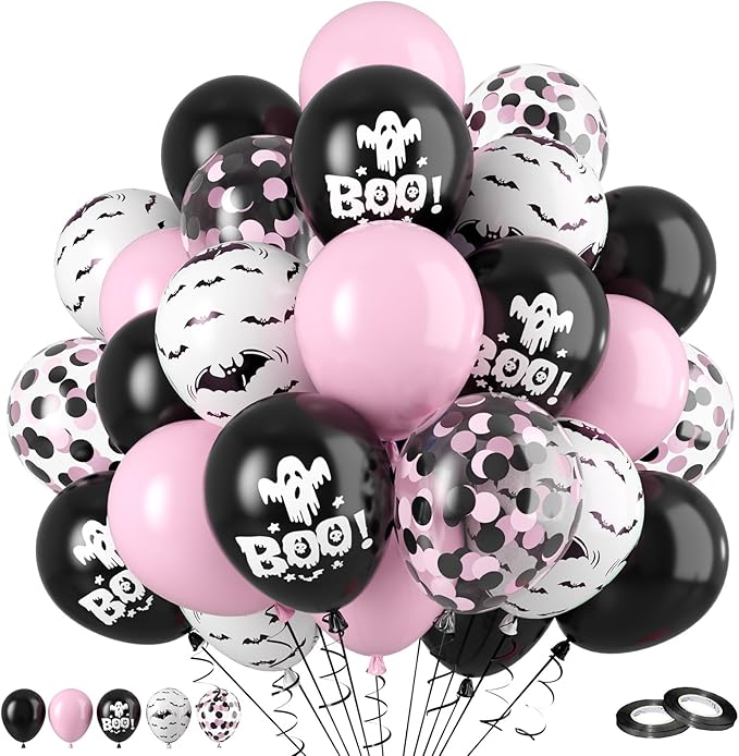 FunHot Halloween Party Balloons, 12 Inch Black Pink Confetti Balloons Bat Ghost by FunHot