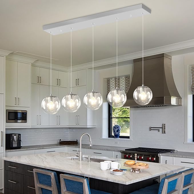 5-Lights Modern Rectangle Chandelier Globe Pendant Light, Chrome Linear Globe - Image 2