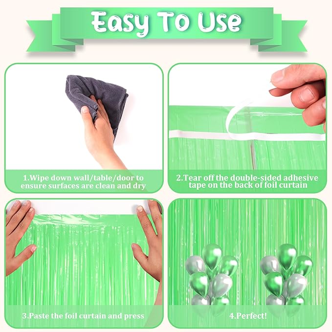3 Pack 3.3 x 8.2 ft Pastel Green Foil Fringe Backdrop Curtains, Tinsel - Image 3
