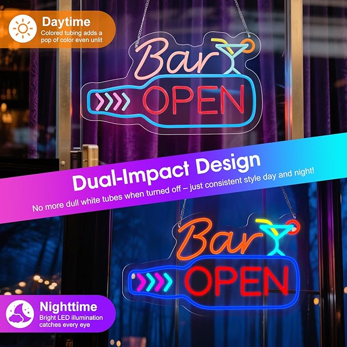 Bar Open Neon Sign, Super Bright 16''x 9'' Dimmable USB Powered LED Open Signs - Image 2