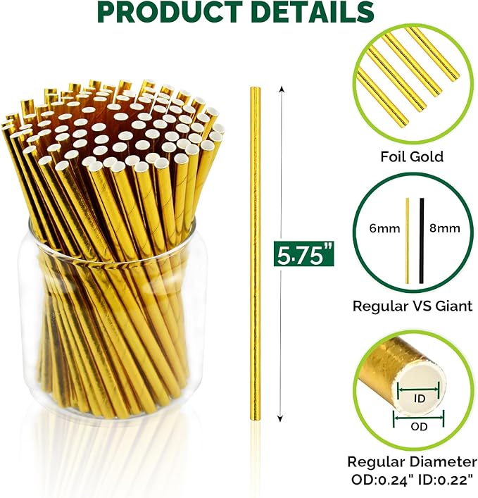 5.75 Inch Disposable Short Gold Paper Straws & Stirrers, Sipping Stir Sticks - Image 2