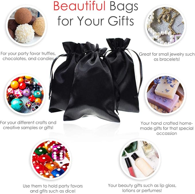 3" x 4" Black Satin Gift Bags, Jewelry Bags, Wedding Favor Silky Drawstring - Image 2