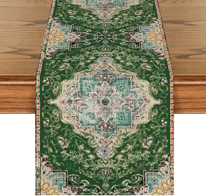 Artoid Mode Boho Bohemia Style Green Table Runner, Country Rustic Farmhouse by ArtoidMode