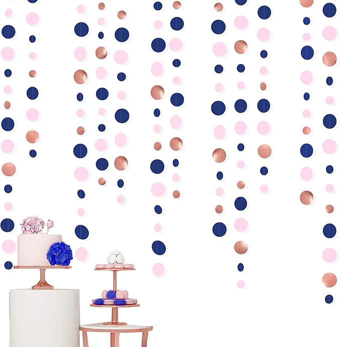46Ft Navy Blue Blush Circle Dot Garland Royal Blue Pink Rose Gold Hanging Paper - Image 4