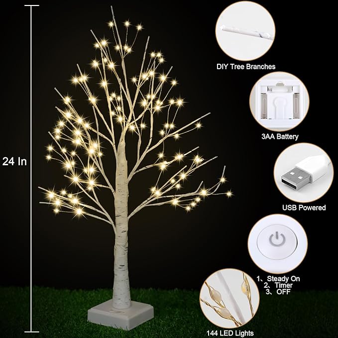 144 LED Artificial Lamp with Timer, DIY Birch Tree With Lights, USB/Battery - Image 2