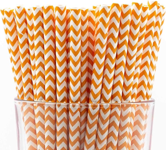 Pack of 150 Orange Chevron Biodegradable 4-Ply Paper Drinking Straws by Stephanie+Imports