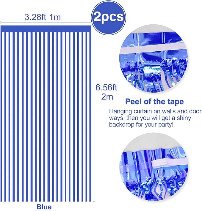 2 Pcs Blue Metallic Tinsel Foil Fringe Curtains Backdrop, 3.28 ft x 6.56 ft - Image 2