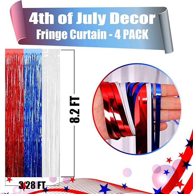 4 Pack Red Blue White Foil Fringe Curtain Backdrop, 3.28Ft x 8.2Ft Metallic - Image 2