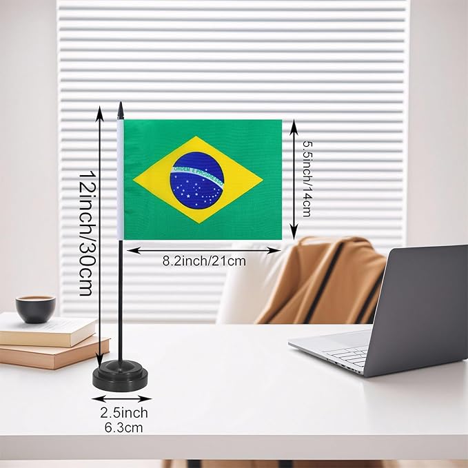 Brazil Desk Flag 12" Solid Pole Deluxe Set Brazilian Flags Banner Mini Small - Image 2