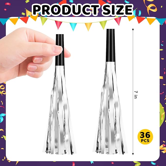 36 Pcs Noise Makers Birthday Blowers Glitter Metallic Fringed Party Blow Horns - Image 5