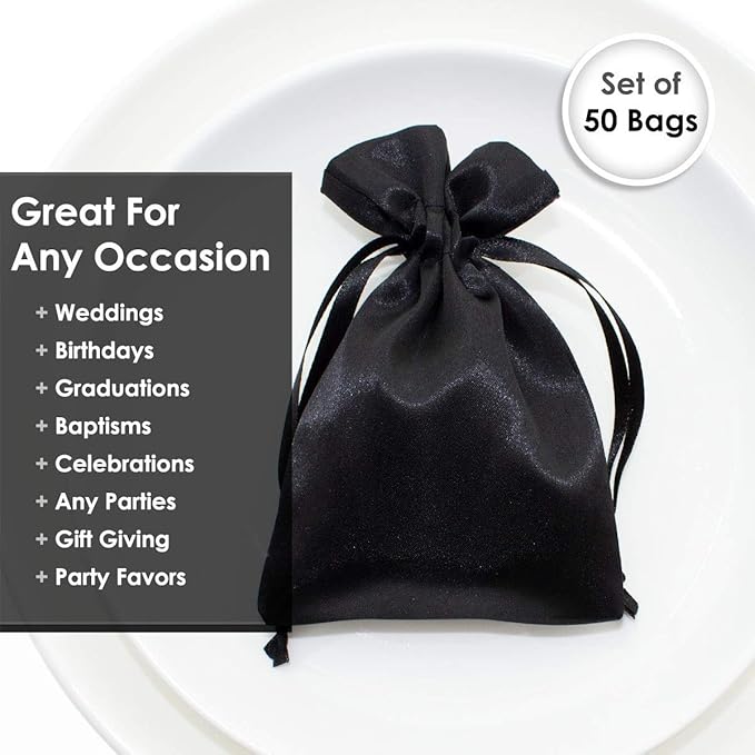 5" x 8" Black Satin Gift Bags, Jewelry Bags, Wedding Favor Drawstring Bags Baby - Image 5