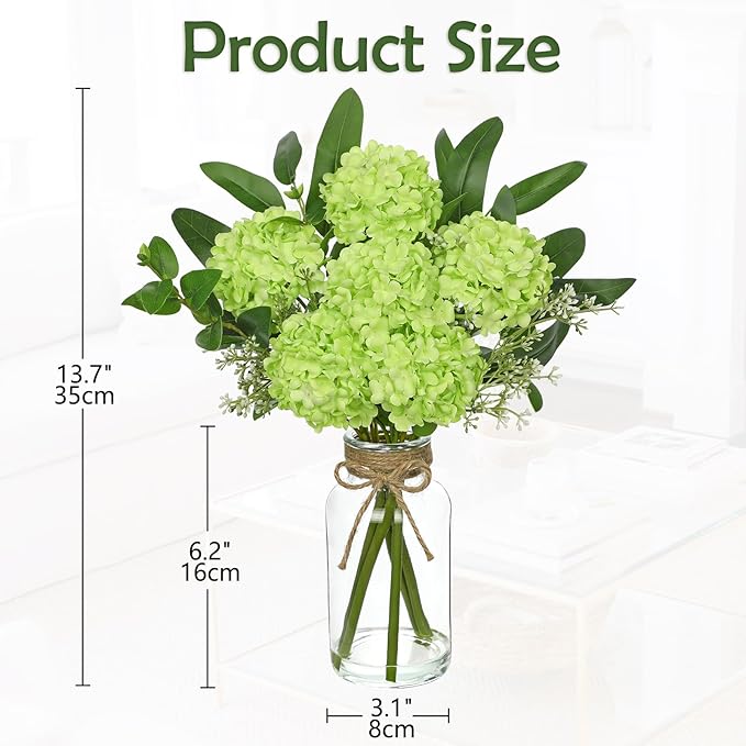 Hollyone Green Hydrangea Artificial Flowers in Clear Glass Vase - Image 2