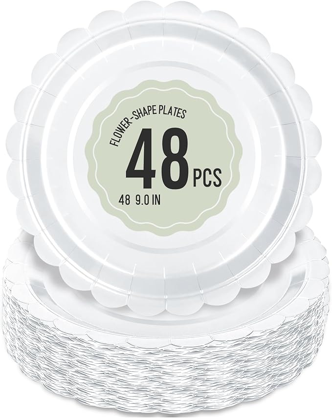 48 Pcs White Paper Plates 9 Inch Scalloped Dessert Plates by Polinook-TheAnswerToEveryClutteredSpace