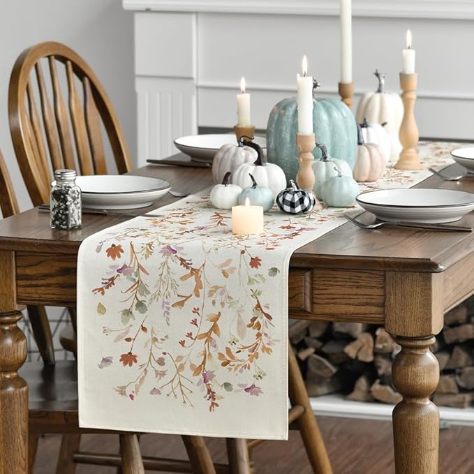 Artoid Mode Floral Leaves Fall Table Runner, Wild Flowers and Grasses Seasonal - Image 3