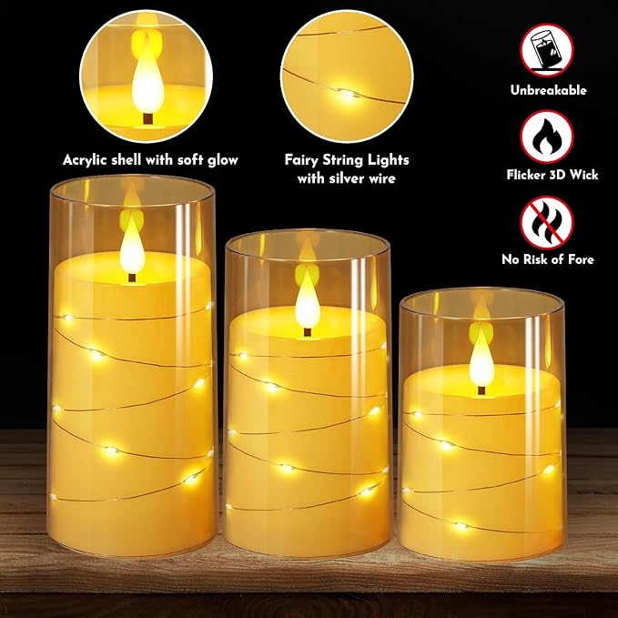 NURADA Flickering Flameless Candles: Built-in Star String Lights Acrylic - Image 2