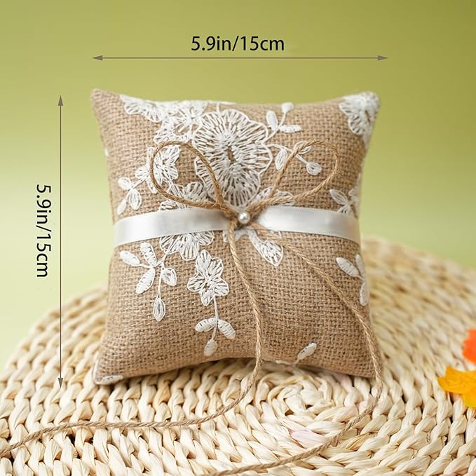 QIRMIZI 2PC Vintage Rustic Burlap Ring Bearer Pillow - Image 2