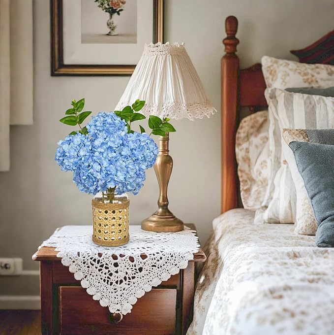 Hollyone Blue Hydrangea Artificial Flowers in Woven Glass Vase - Image 3