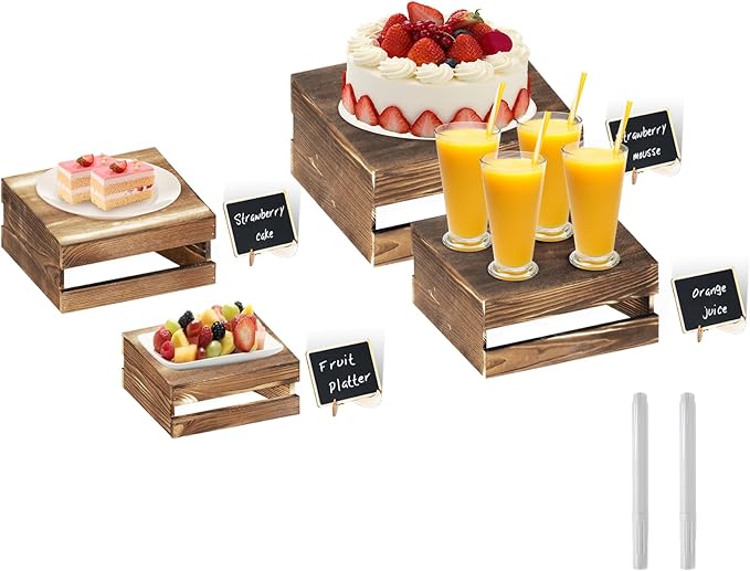 4 Pcs Buffet Risers with Mini Signs, Rustic Wood Cake Stands, Food Risers by Cecnamt