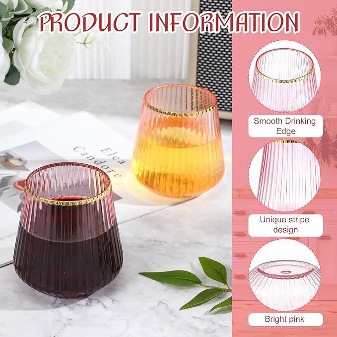 24 Pcs Pink Plastic Wine Glasses Ribbed Disposable Wine Glasses Unbreakable - Image 3