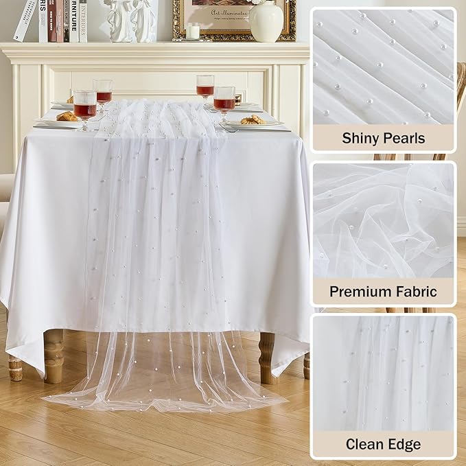 Fanami 3 Pack Pearl Table Runner -10FT Ivory White Boho Tulle Table Runners 120 - Image 3