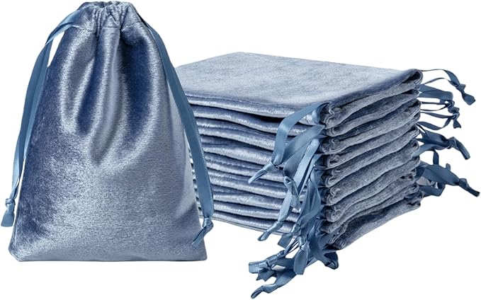 QIANF 12pcs Dusty Blue Velvet Drawstring Bags 4x6 inches Glossy Small Velvet by QIANF