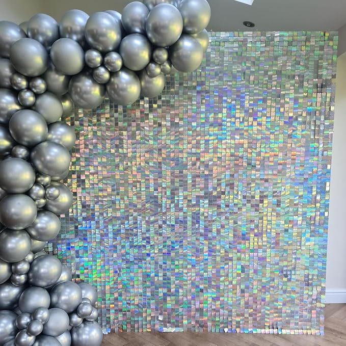 Qcity Iridescent Silver Shimmer Wall Backdrop 36PCS, Square Sequin Glitter - Image 8