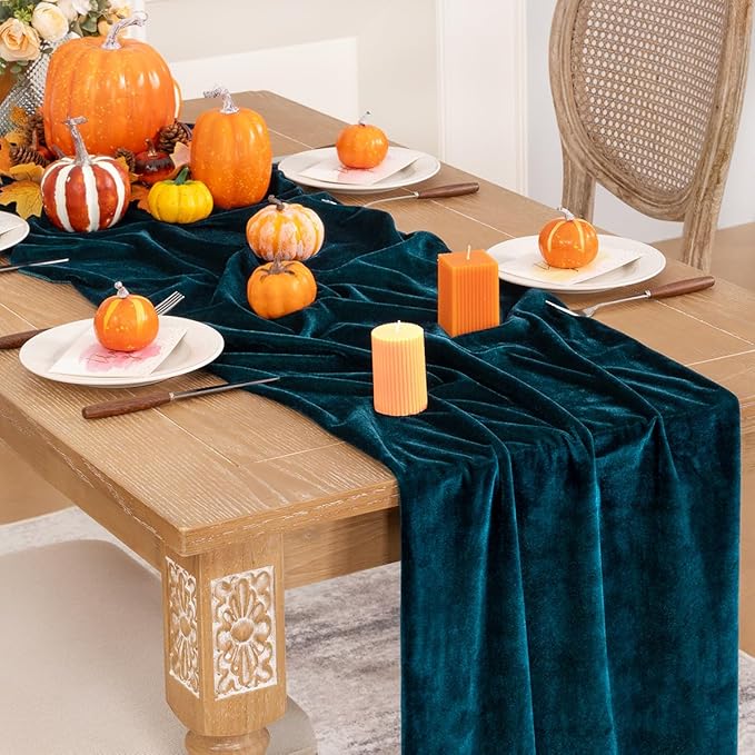 Peacock Green Velvet Table Runner 3 Pack Fall Thanksgiving Turquoise Table - Image 5