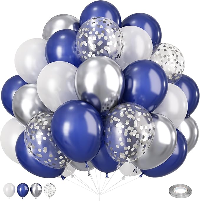 Navy Blue and Silver Balloons 60PCS, 12 Inch Navy Blue Metallic Silver and by Paeyeq
