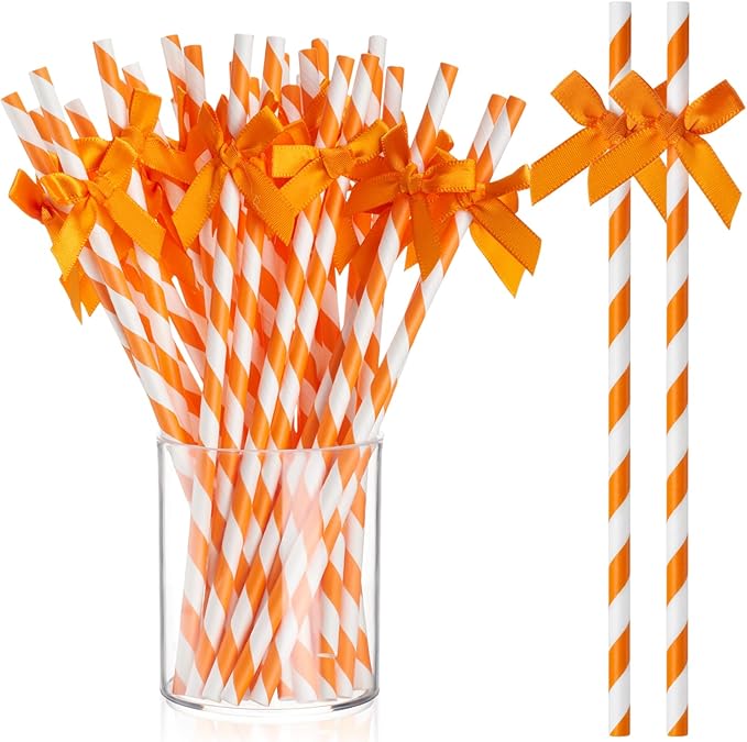 100 Pcs Fall Orange Paper Bow Straws by Potchen