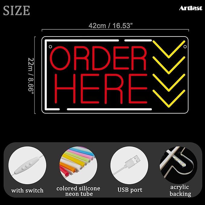 Order Here Neon Sign Red Light Up Order Here Sign - Image 2