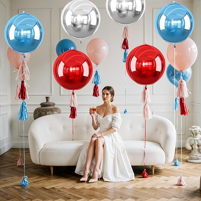 6Pcs Red Blue Silver Round Foil Balloons, 22inch 4D Metallic Balloons, Large - Image 4