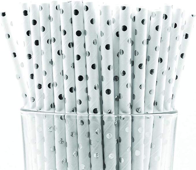 Pack of 900 Silver Polka Dot Foil Biodegradable 4-Ply Paper Drinking Straws by Stephanie+Imports
